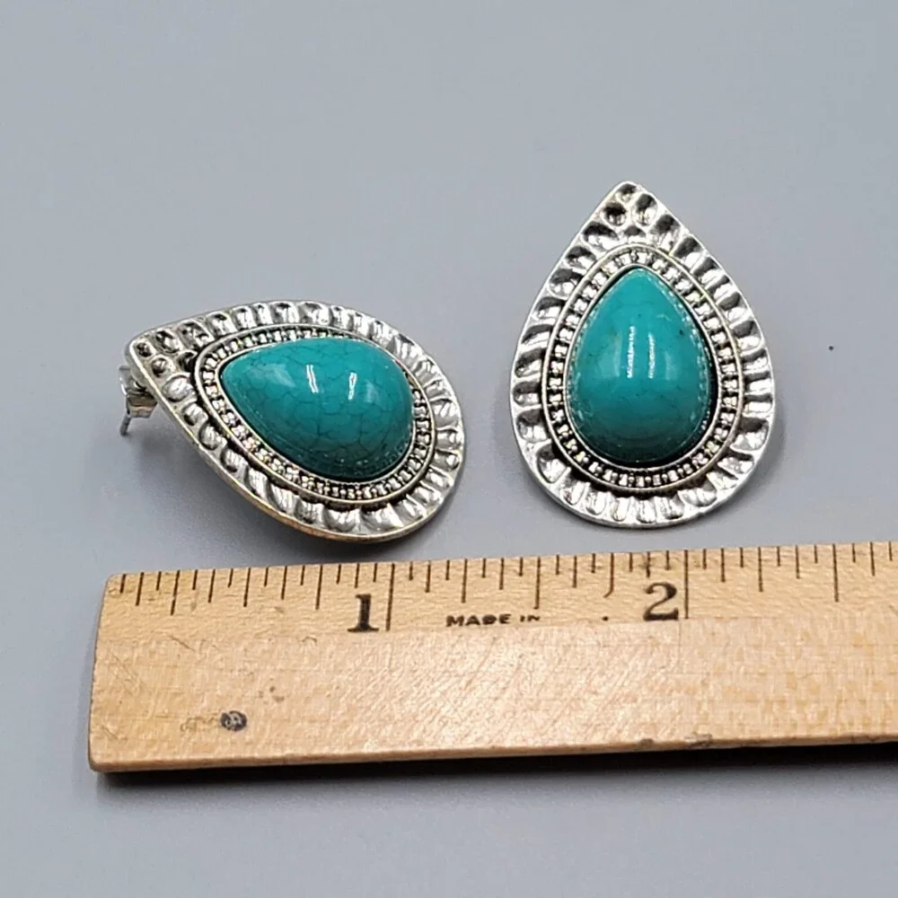 Teardrop Pierced Earrings Silver tone Blue Accent 1.25" - Picture 3 of 7